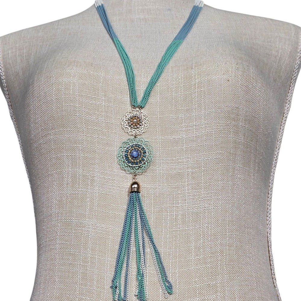 Charming Charlie‎ Boho Tassel Pendant Necklace Statement Chain Silver Blue Green